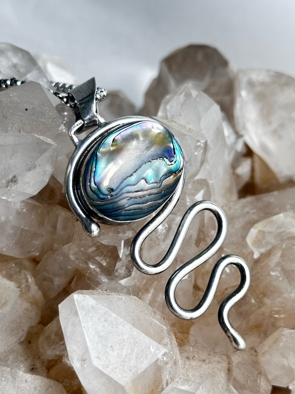 Sterling Silver Abalone Wave Pendant Necklace - Iridescent Green